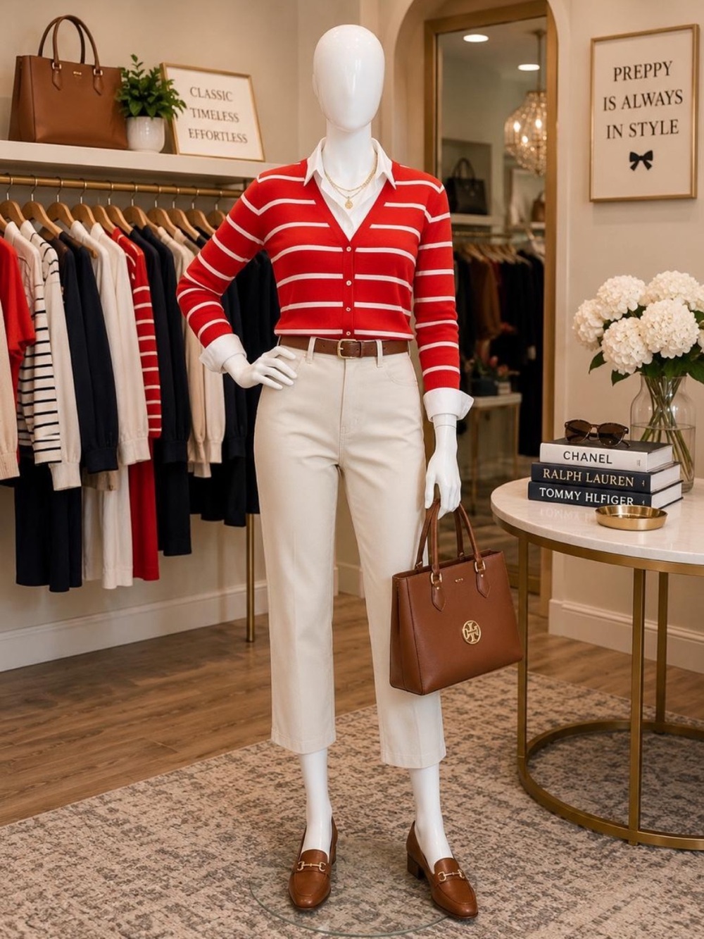 wild fable Red Striped Cardigan with Cream Cropped Pants